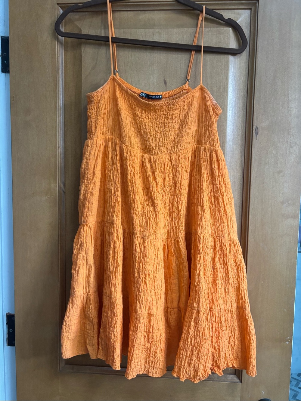 Zara Orange Crinkle Tiered Spaghetti-Strap Mini Dress
